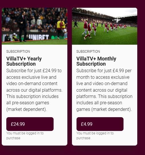 Subscription cost for Aston Villa TV on Firestick 